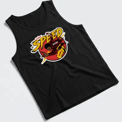 Dynamic character in comic style with 'I show SPEED 追求极极' text in vibrant colors — printed on a tank top