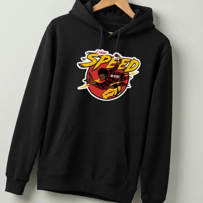 Dynamic character in comic style with 'I show SPEED 追求极极' text in vibrant colors — printed on a unisex hoodie