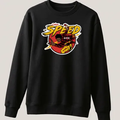 Dynamic character in comic style with 'I show SPEED 追求极极' text in vibrant colors — printed on a unisex sweatshirt