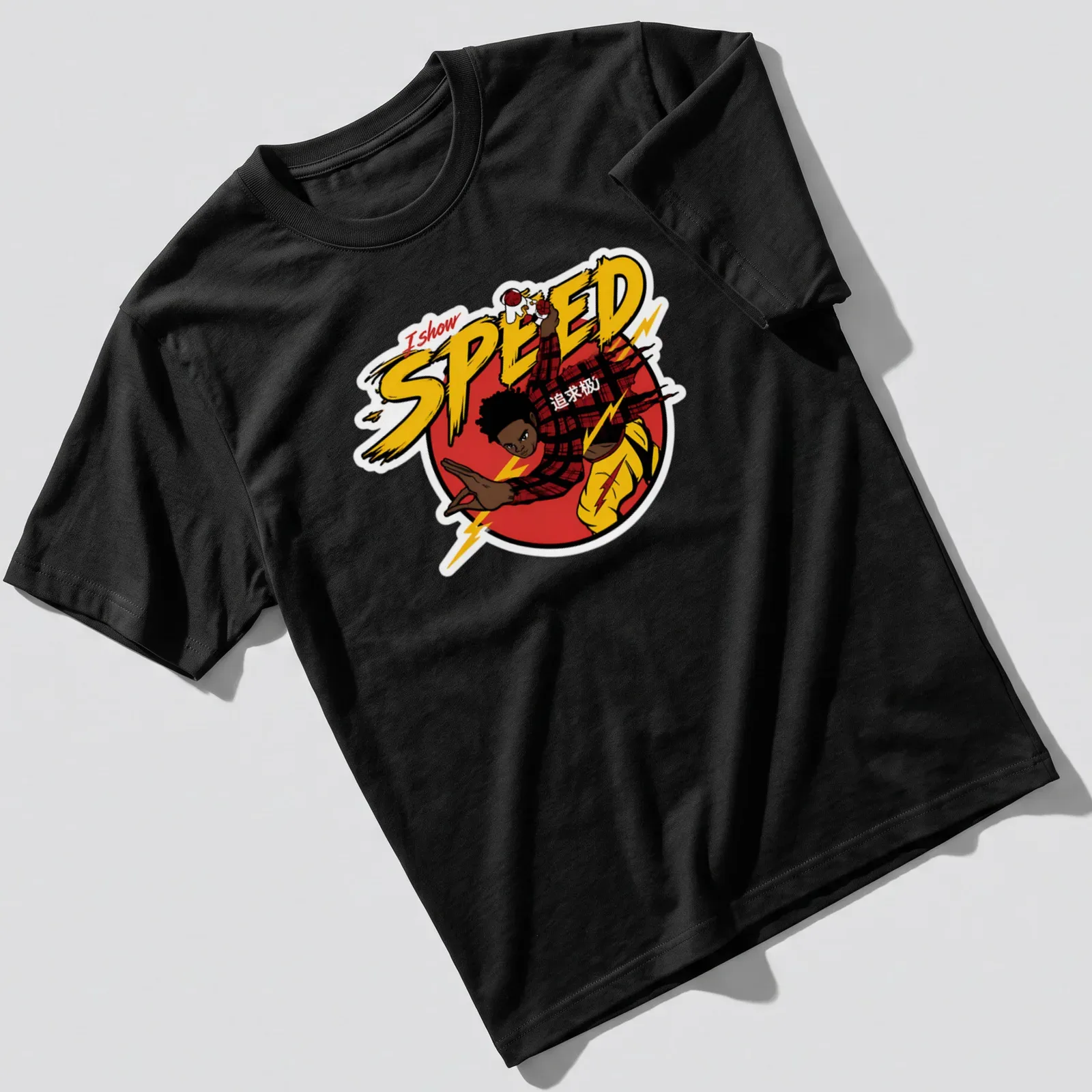 Dynamic character in comic style with 'I show SPEED 追求极极' text in vibrant colors — printed on a unisex t-shirt