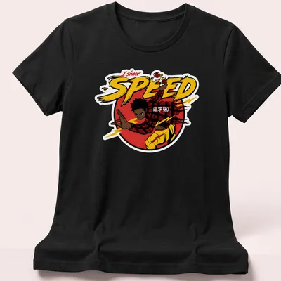 Dynamic character in comic style with 'I show SPEED 追求极极' text in vibrant colors — printed on a women's shirt