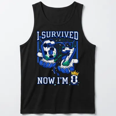 Colorful cartoon soccer birthday t-shirt celebrating turning 8 — printed on a tank top