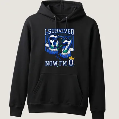 Colorful cartoon soccer birthday t-shirt celebrating turning 8 — printed on a unisex hoodie