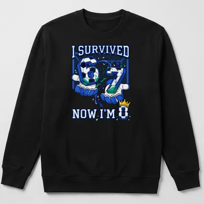 Colorful cartoon soccer birthday t-shirt celebrating turning 8 — printed on a unisex sweatshirt