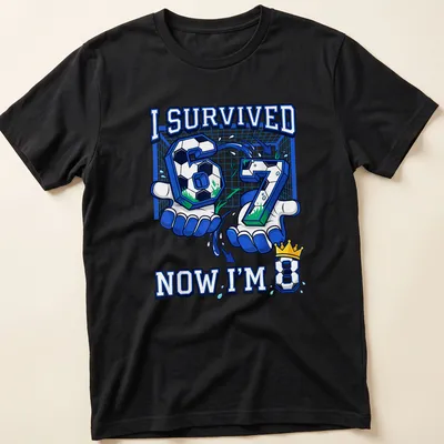 Colorful cartoon soccer birthday t-shirt celebrating turning 8