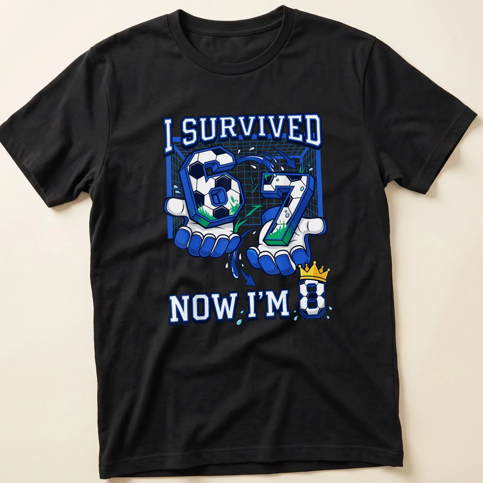 Colorful cartoon soccer birthday t-shirt celebrating turning 8 — printed on a unisex t-shirt