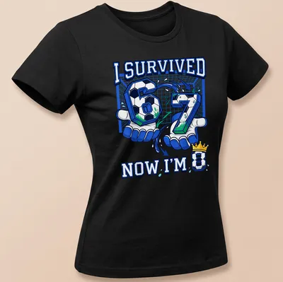 Colorful cartoon soccer birthday t-shirt celebrating turning 8 — printed on a women's shirt