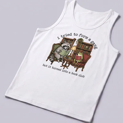 Vintage illustration of a raccoon and frog reading books with humorous text — printed on a tank top
