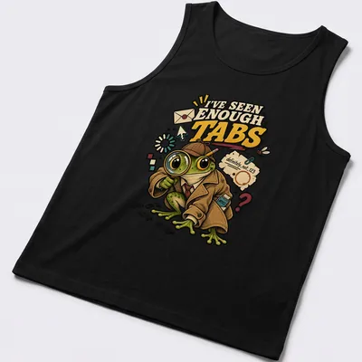 Cartoon detective frog with a magnifying glass and humorous text about tabs — printed on a tank top