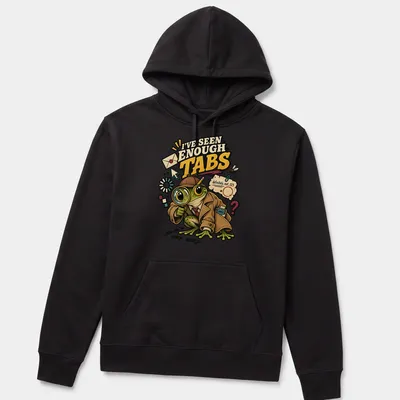 Cartoon detective frog with a magnifying glass and humorous text about tabs — printed on a unisex hoodie