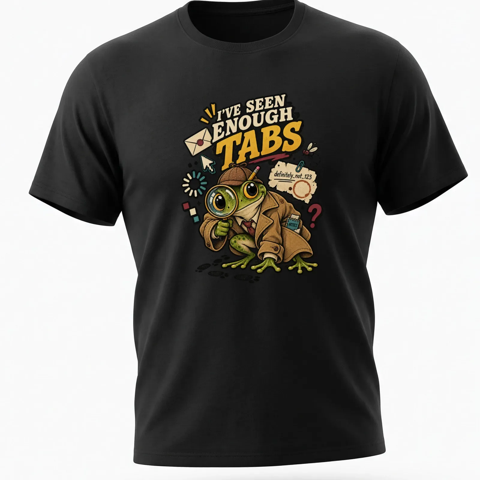 Cartoon detective frog with a magnifying glass and humorous text about tabs — printed on a unisex t-shirt