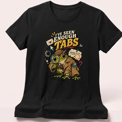 Cartoon detective frog with a magnifying glass and humorous text about tabs — printed on a women's shirt