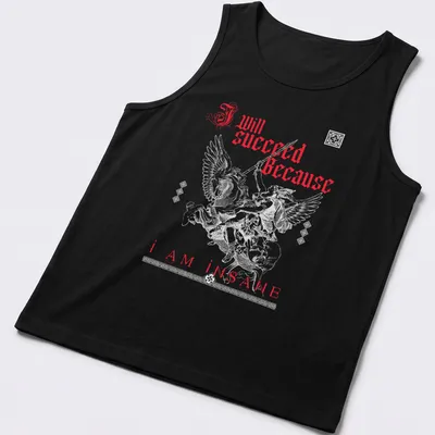 Gothic t-shirt featuring a winged warrior and bold motivational text in red and white — printed on a tank top