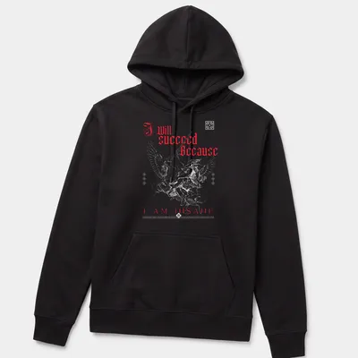Gothic t-shirt featuring a winged warrior and bold motivational text in red and white — printed on a unisex hoodie