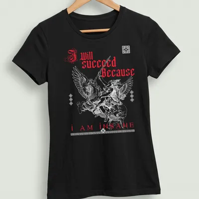 Gothic t-shirt featuring a winged warrior and bold motivational text in red and white — printed on a women's shirt