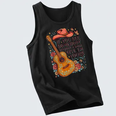 Vintage floral tee with an inspiring message and acoustic guitar graphic — printed on a tank top