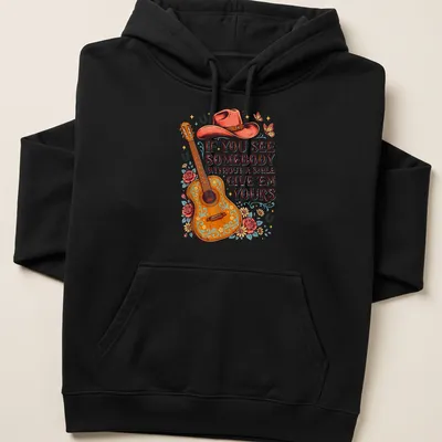 Vintage floral tee with an inspiring message and acoustic guitar graphic — printed on a unisex hoodie