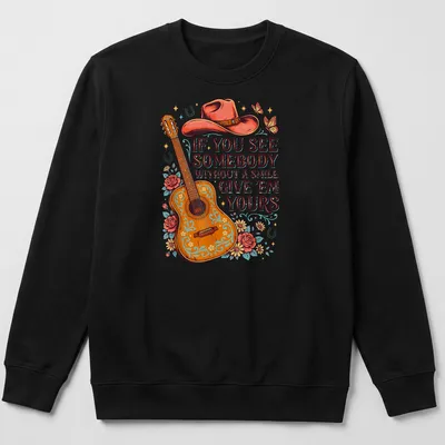 Vintage floral tee with an inspiring message and acoustic guitar graphic — printed on a unisex sweatshirt