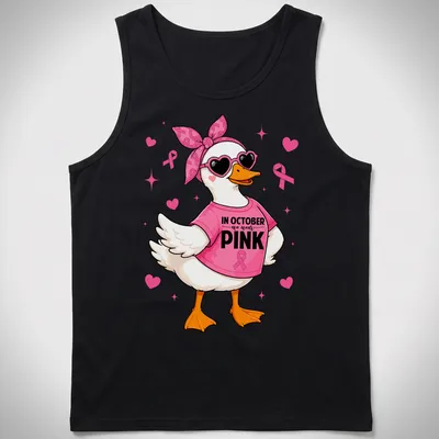 Kawaii pink duck cartoon with text for Breast Cancer Awareness month — printed on a tank top