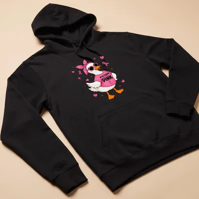 Kawaii pink duck cartoon with text for Breast Cancer Awareness month — printed on a unisex hoodie