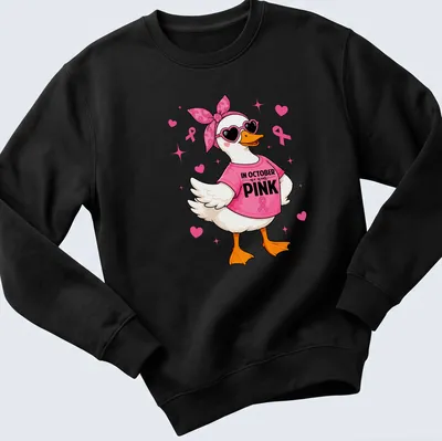 Kawaii pink duck cartoon with text for Breast Cancer Awareness month — printed on a unisex sweatshirt