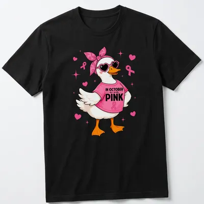 Kawaii pink duck cartoon with text for Breast Cancer Awareness month