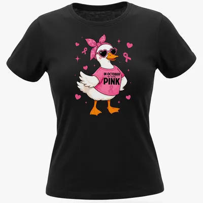 Kawaii pink duck cartoon with text for Breast Cancer Awareness month — printed on a women's shirt