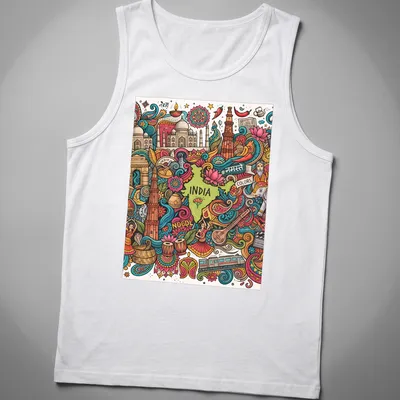 Colorful doodle illustration of India map with cultural elements and text — printed on a tank top