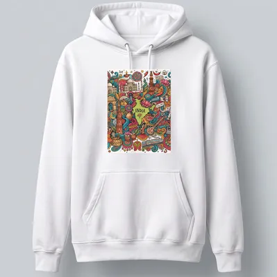 Colorful doodle illustration of India map with cultural elements and text — printed on a unisex hoodie