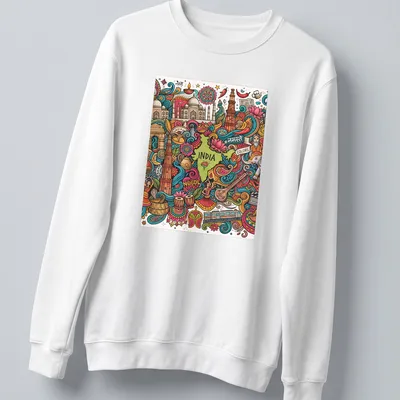 Colorful doodle illustration of India map with cultural elements and text — printed on a unisex sweatshirt
