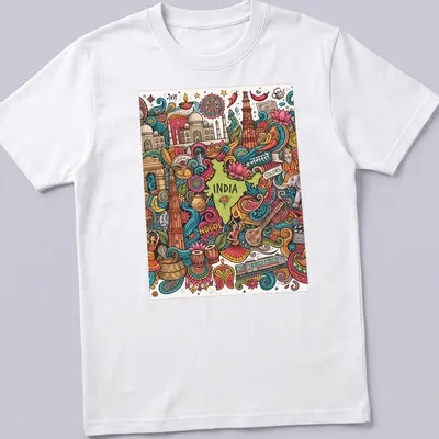Colorful doodle illustration of India map with cultural elements and text