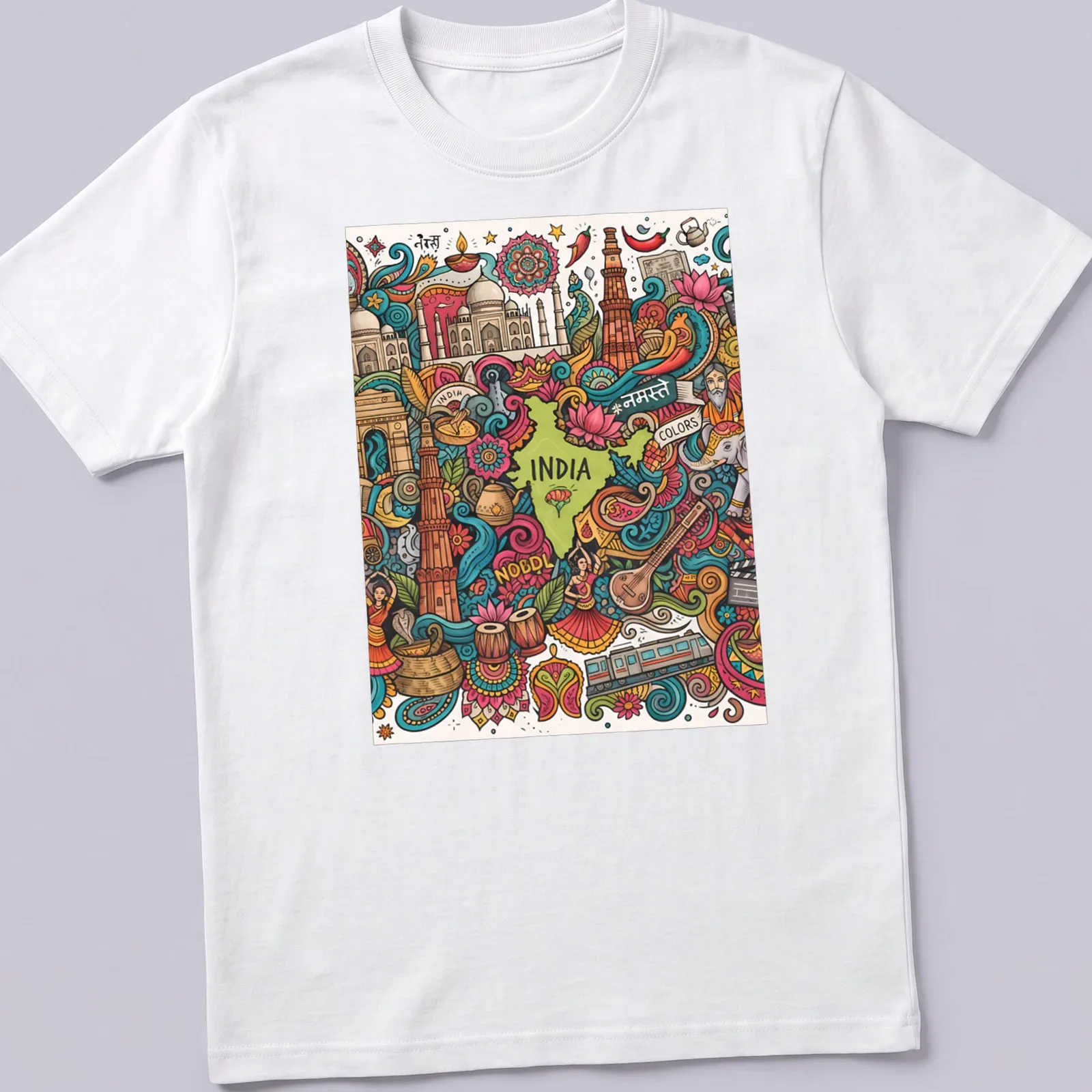 Colorful doodle illustration of India map with cultural elements and text — printed on a unisex t-shirt