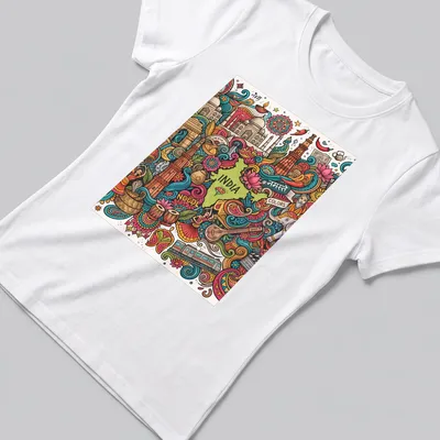 Colorful doodle illustration of India map with cultural elements and text — printed on a women's shirt