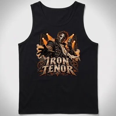 Bold Iron Tenor T-shirt featuring a rock musician with microphone — printed on a tank top