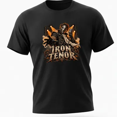 Bold Iron Tenor T-shirt featuring a rock musician with microphone