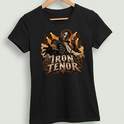 Bold Iron Tenor T-shirt featuring a rock musician with microphone — printed on a women's shirt