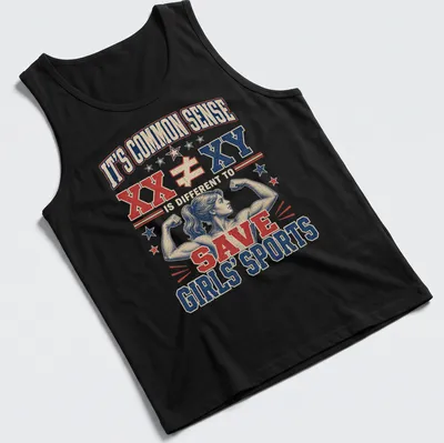 Vintage distressed shirt with strong woman graphic and bold text about girls' sports — printed on a tank top