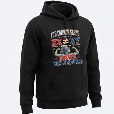 Vintage distressed shirt with strong woman graphic and bold text about girls' sports — printed on a unisex hoodie