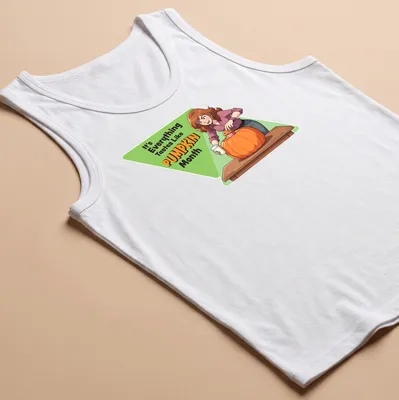 Cartoon woman holding a pumpkin with text: It's Everything Tastes Like PUMPKIN Month — printed on a tank top