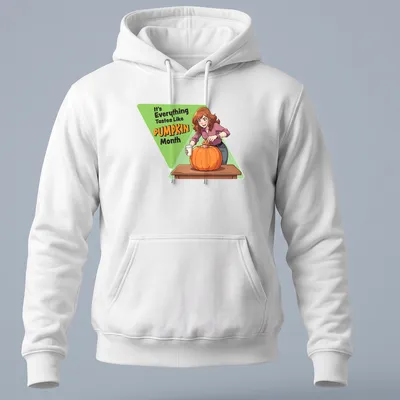 Cartoon woman holding a pumpkin with text: It's Everything Tastes Like PUMPKIN Month — printed on a unisex hoodie