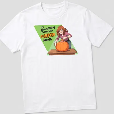 Cartoon woman holding a pumpkin with text: It's Everything Tastes Like PUMPKIN Month