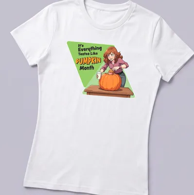 Cartoon woman holding a pumpkin with text: It's Everything Tastes Like PUMPKIN Month — printed on a women's shirt