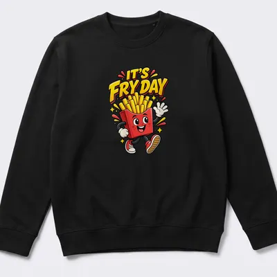 Colorful cartoon t-shirt featuring a smiling carton of french fries and the text It's Fry Day — printed on a unisex sweatshirt