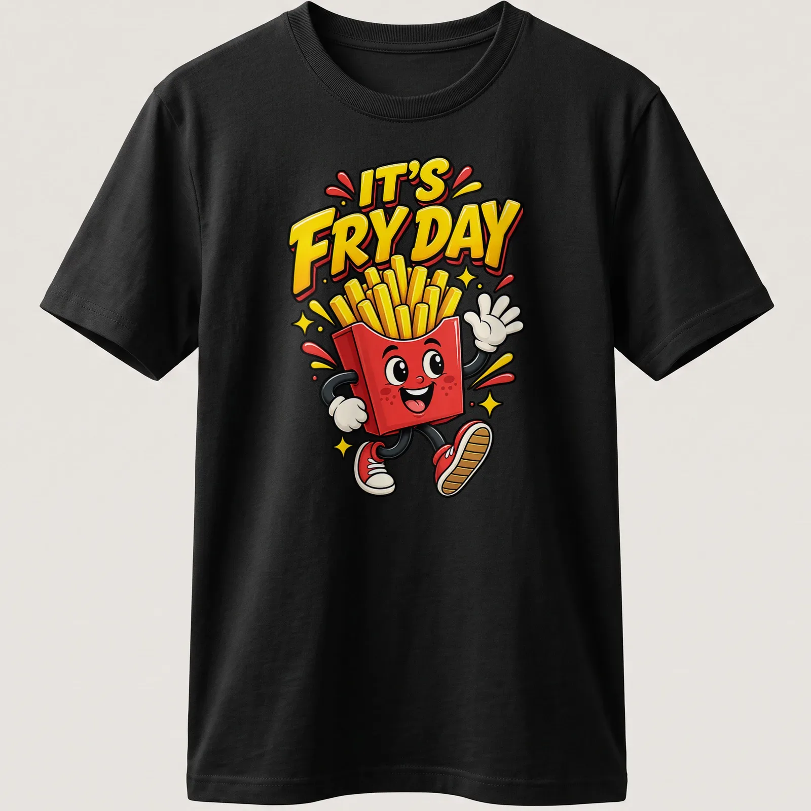 Colorful cartoon t-shirt featuring a smiling carton of french fries and the text It's Fry Day — printed on a unisex t-shirt
