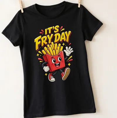 Colorful cartoon t-shirt featuring a smiling carton of french fries and the text It's Fry Day — printed on a women's shirt