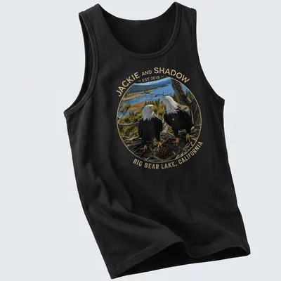 Realistic bald eagles with text celebrating Jackie and Shadow in Big Bear Lake. — printed on a tank top