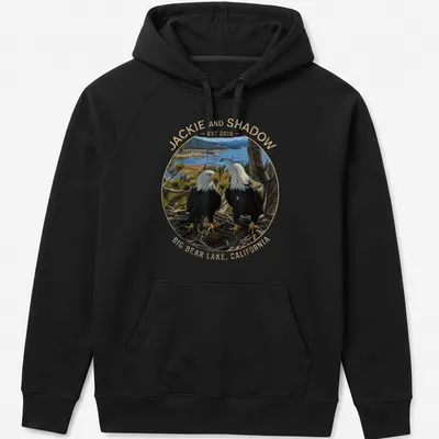 Realistic bald eagles with text celebrating Jackie and Shadow in Big Bear Lake. — printed on a unisex hoodie