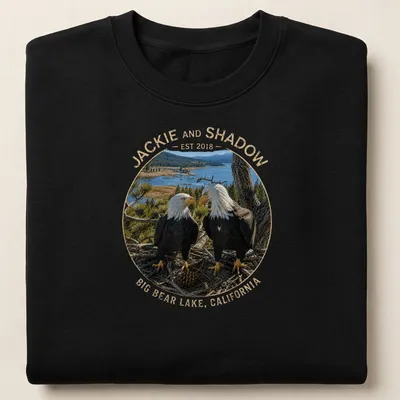 Realistic bald eagles with text celebrating Jackie and Shadow in Big Bear Lake. — printed on a unisex sweatshirt