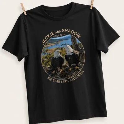 Realistic bald eagles with text celebrating Jackie and Shadow in Big Bear Lake.