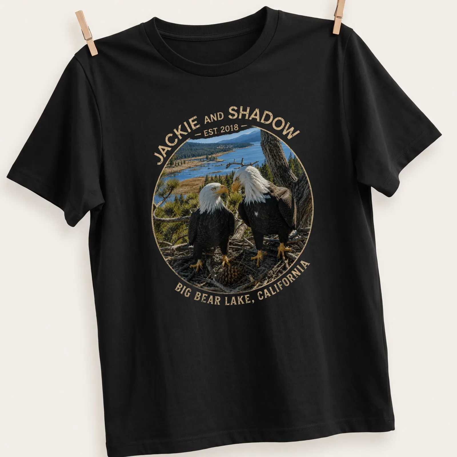 Realistic bald eagles with text celebrating Jackie and Shadow in Big Bear Lake. — printed on a unisex t-shirt